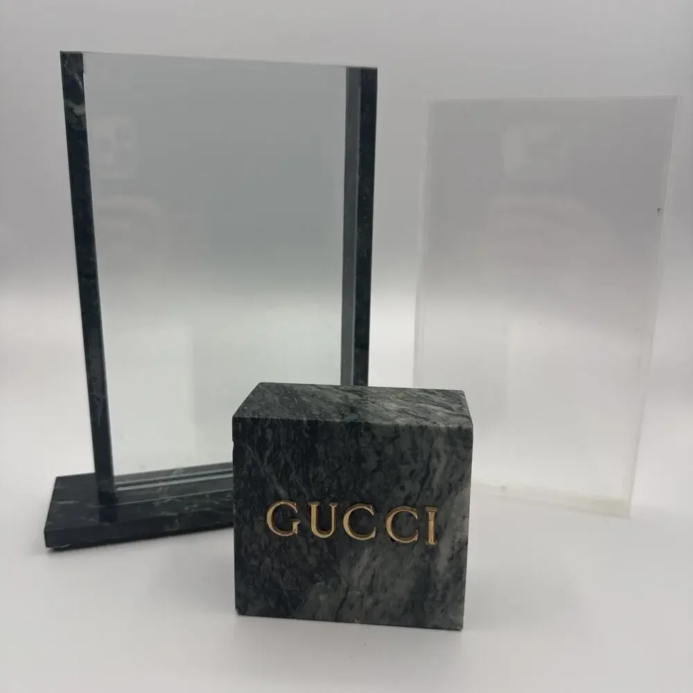 VTG Gucci Italy Green Marble Acrylic Vase Insert Sign Block Board Display Desk